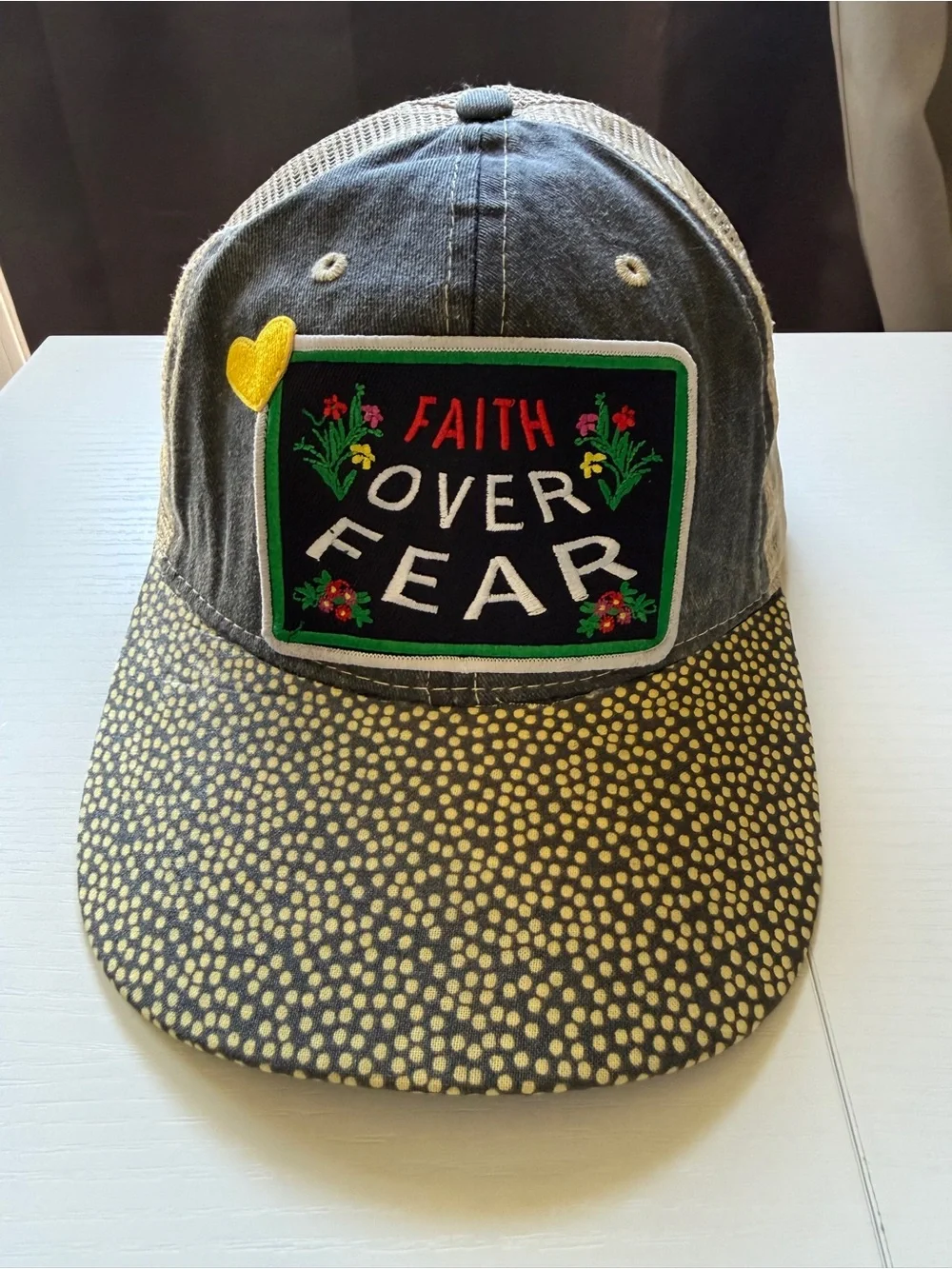 Faith Over Fear Trucker Patch Hat Cap Grey Yellow Accent Adjustable Mesh SnapBac
